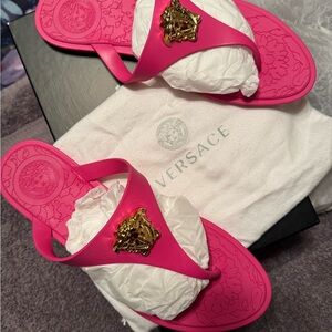 Versace Fuchsia Sandals with Gold Medusa Accent